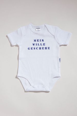 Mein Wille geschehe - Strampler aus weisser Biobaumwolle von Elternhaus